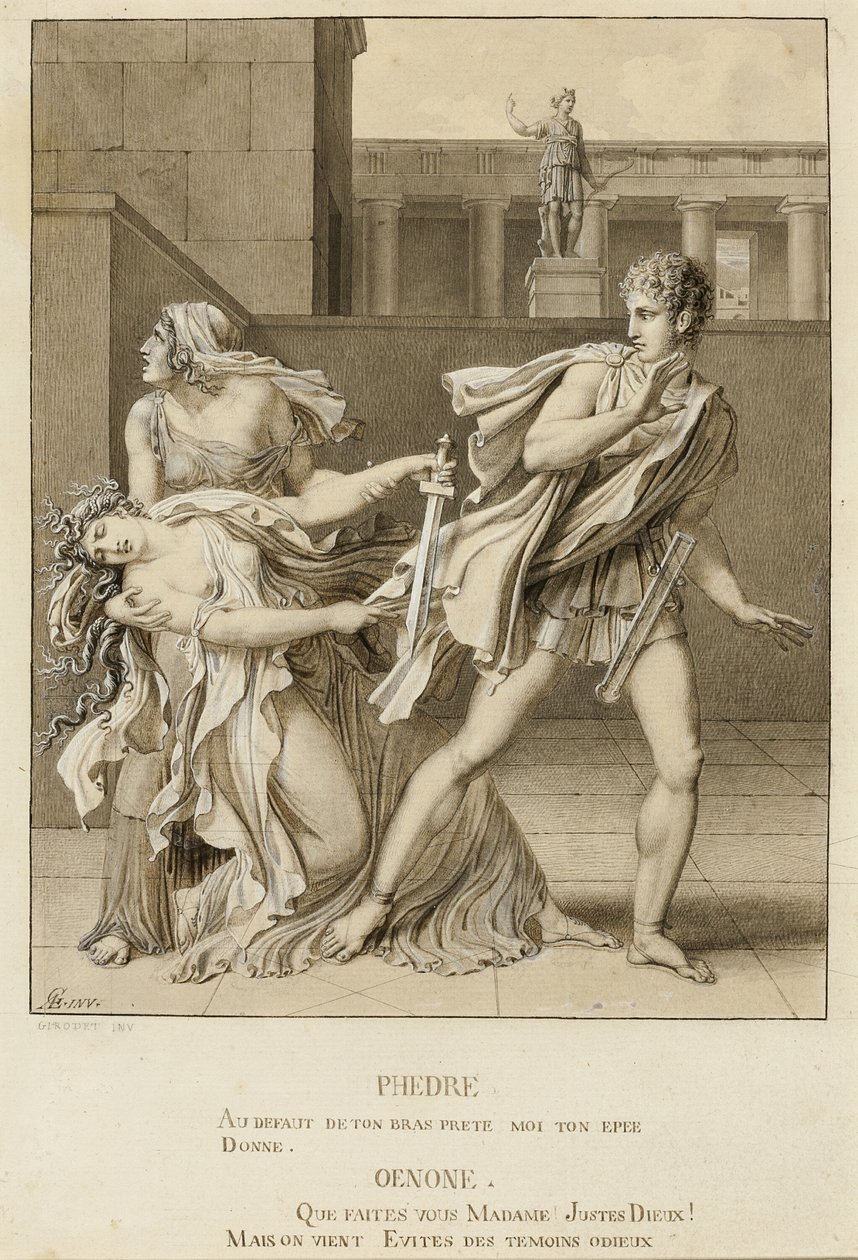 Fedra, habiendo declarado su pasión, intenta matarse con la espada de Hipólito de Anne Louis Girodet de Roussy Trioson