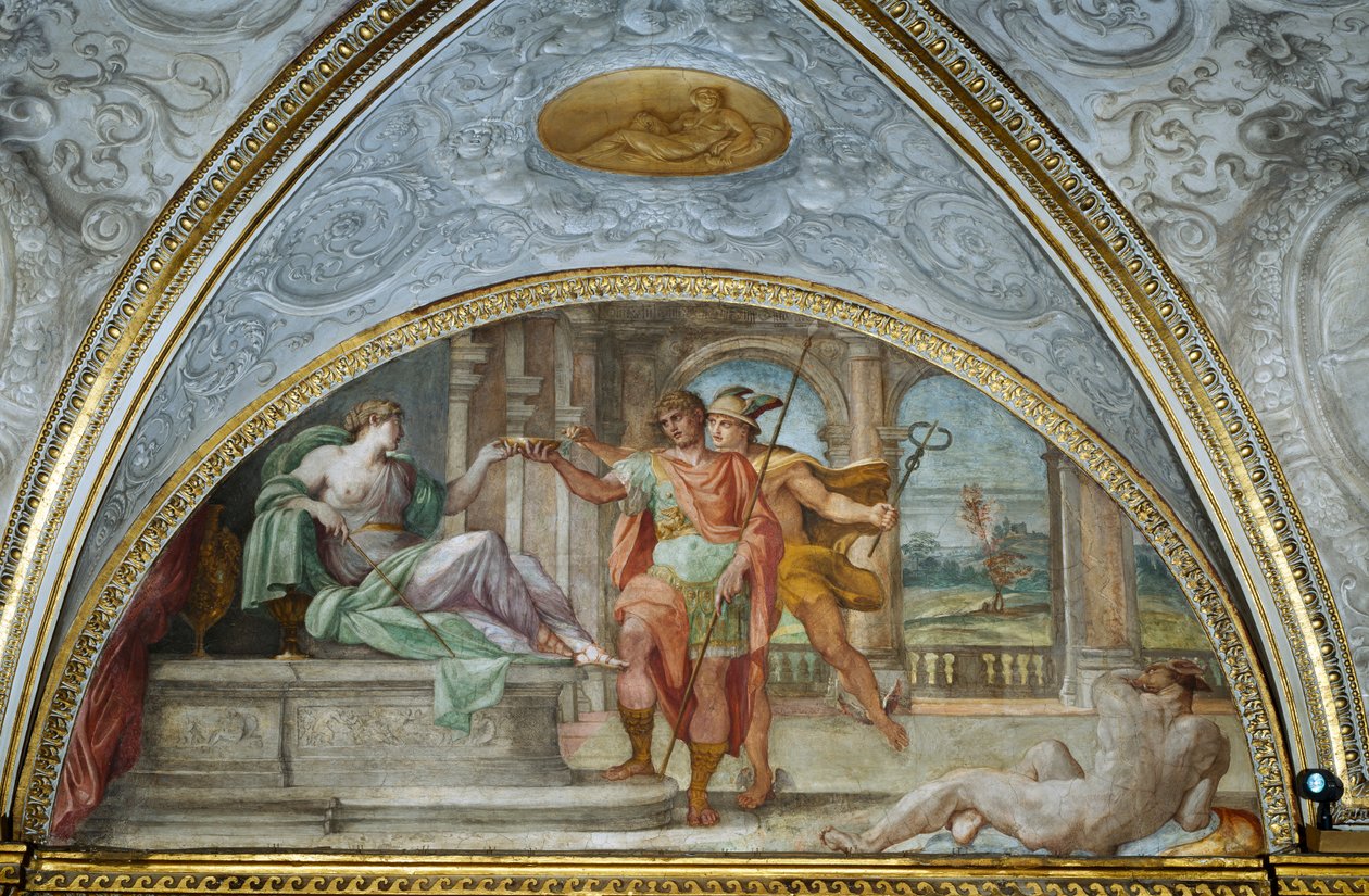 Luneta que representa a la hechicera Circe ofreciendo a Ulises un cuenco de sopa envenenada y Mercurio añadiendo un antídoto herbal, del 