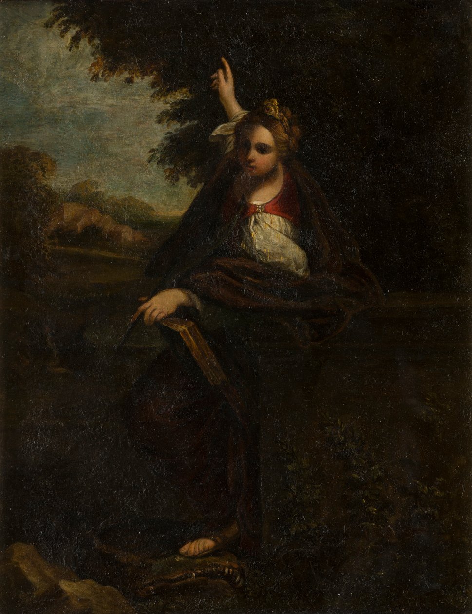 Santa Margarita en un paisaje : una sibila, c.1580-1609 (metal bajo vidrio) de Annibale (after) Carracci