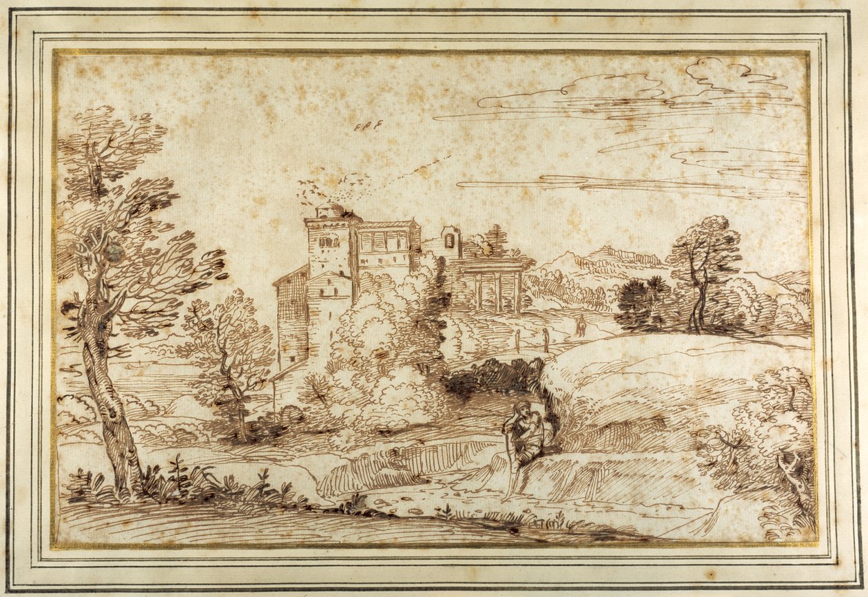 Paisaje con un castillo y las ruinas de un pórtico clásico de Annibale (follower of) Carracci