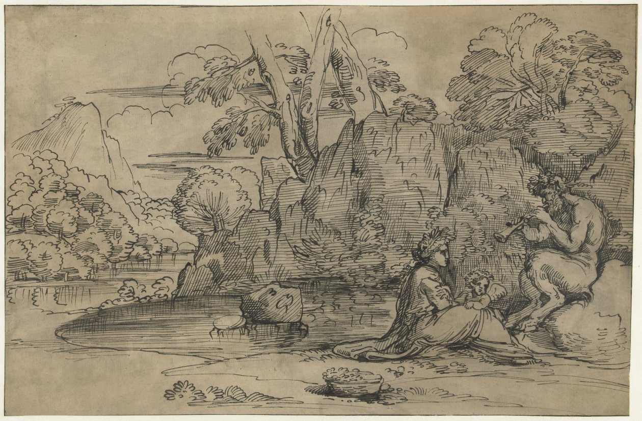Paisaje con un sátiro tocando la flauta, mujer y putto de Annibale Carracci (attributed to)