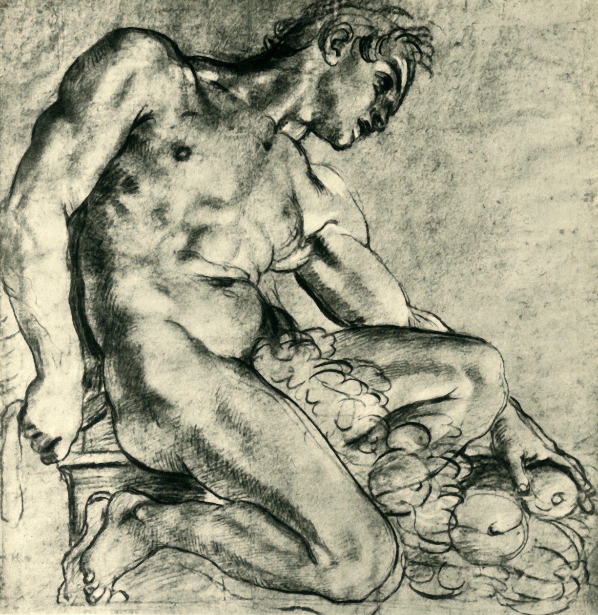 Un Ignudo sentado con una guirnalda, 1598-1599 de Annibale Carracci