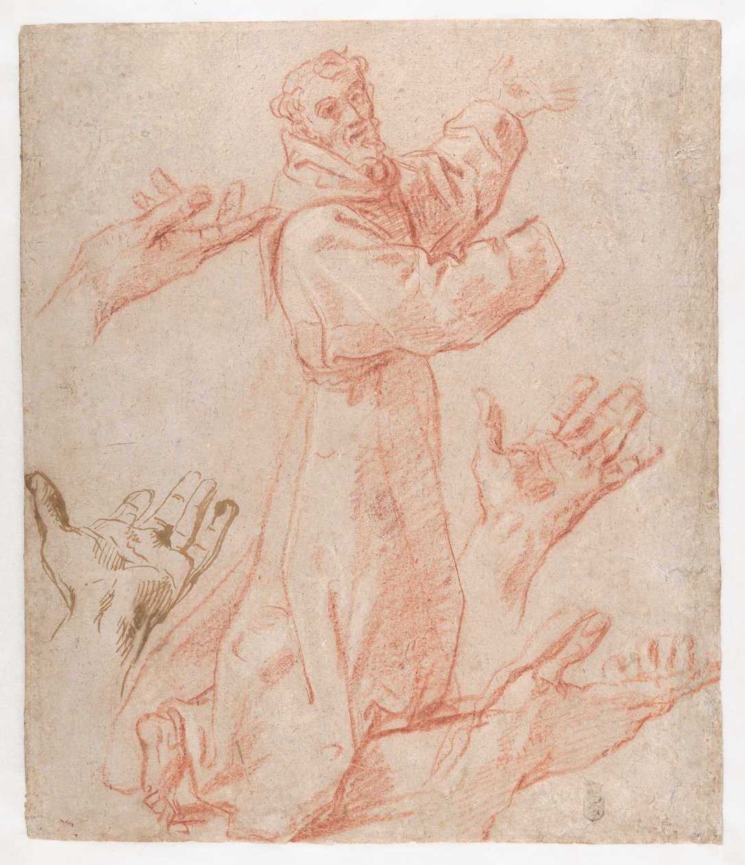 Carracci - Estudios para una figura de San Francisco arrodillado en vista de tres cuartos y para sus manos (recto), 1583-85 de Annibale Carracci