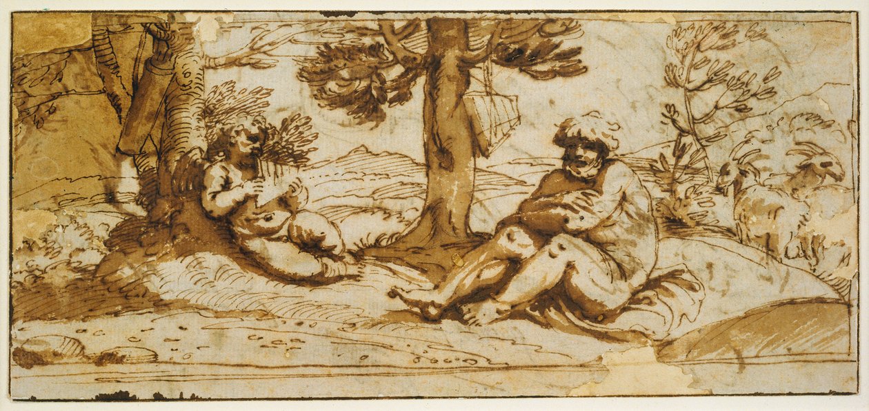 Flötenspielender Amor und Silenus in einer arkadischen Landschaft de Annibale Carracci