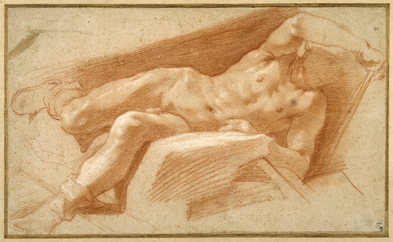 Joven recostado posando desnudo, excepto por sus medias bajadas hasta los tobillos de Annibale Carracci