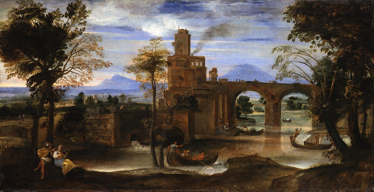 Paisaje fluvial romano con castillo y puente de Annibale Carracci