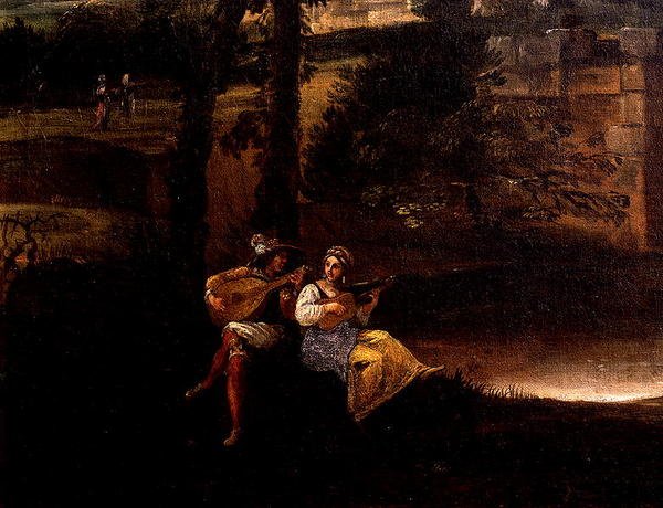Paisaje romano con un puente (detalle) de Annibale Carracci