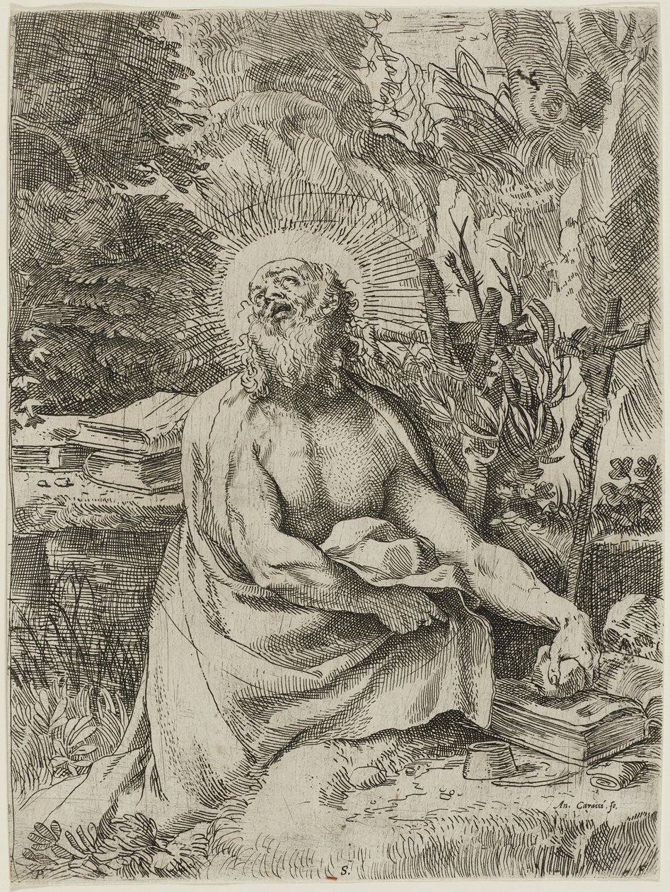 San Jerónimo en el Desierto, c.1591 (aguafuerte con grabado en papel verjurado, iiiiv) de Annibale Carracci