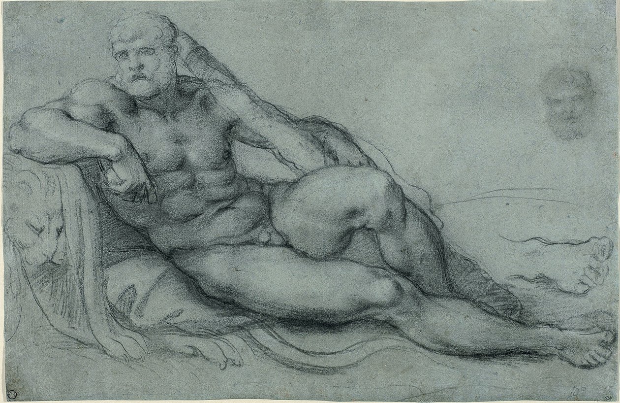 Estudio de Hércules descansando, con estudios separados de la cabeza y el pie (anverso); cuadrícula rectangular (reverso) de Annibale Carracci