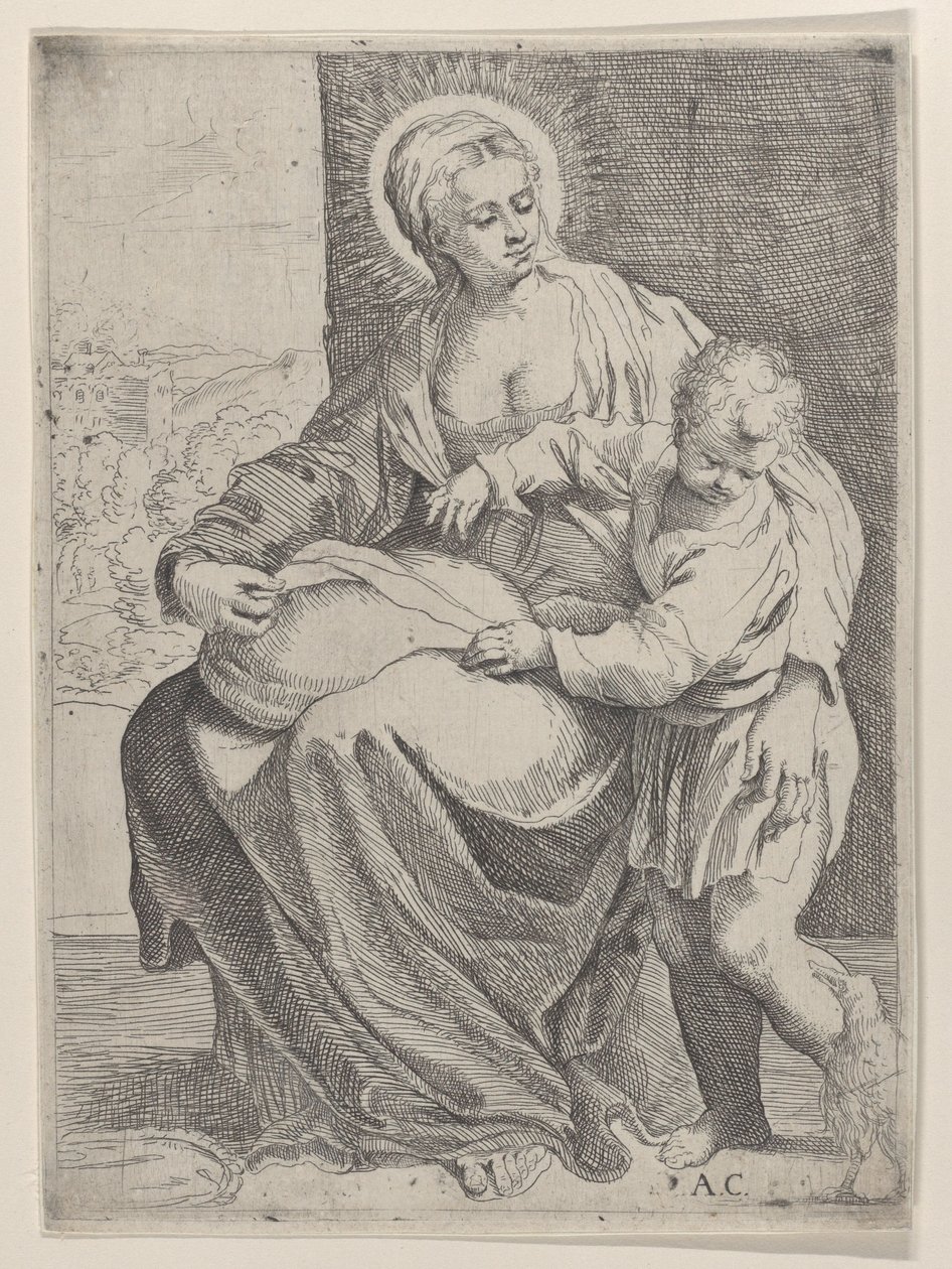 La Virgen sentada sosteniendo una almohada en su regazo con el joven Cristo de pie a la derecha..., 1580-1600 de Annibale Carracci