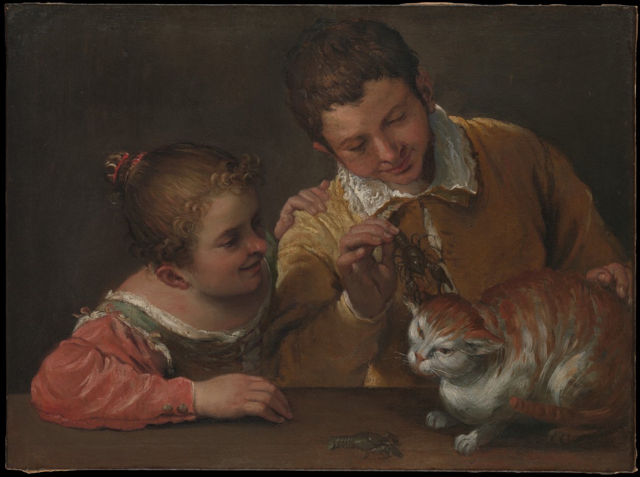 Dos niños molestando a un gato de Annibale Carracci