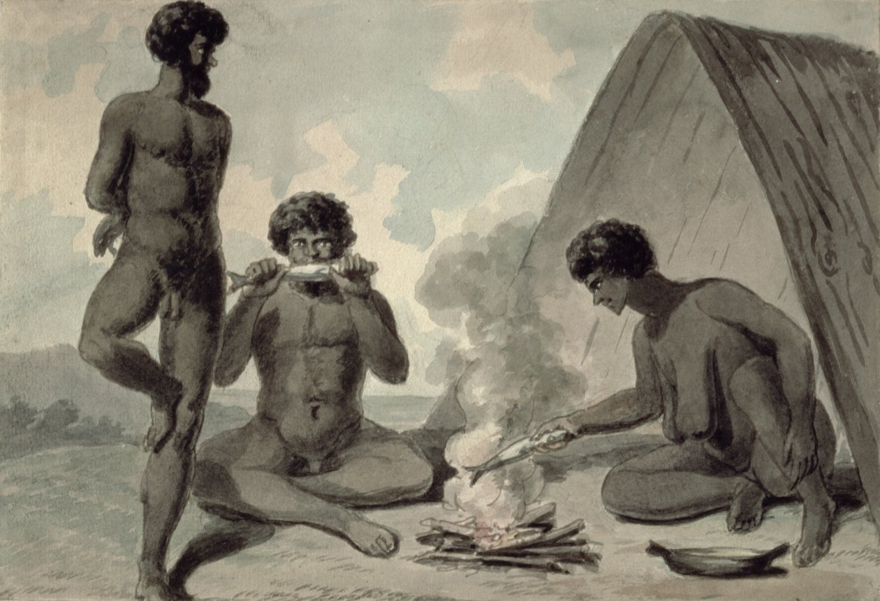Aborígenes comiendo pescado frente a una fogata, posiblemente por Philip Gidley King (1758-1808) de Unbekannt Unbekannt