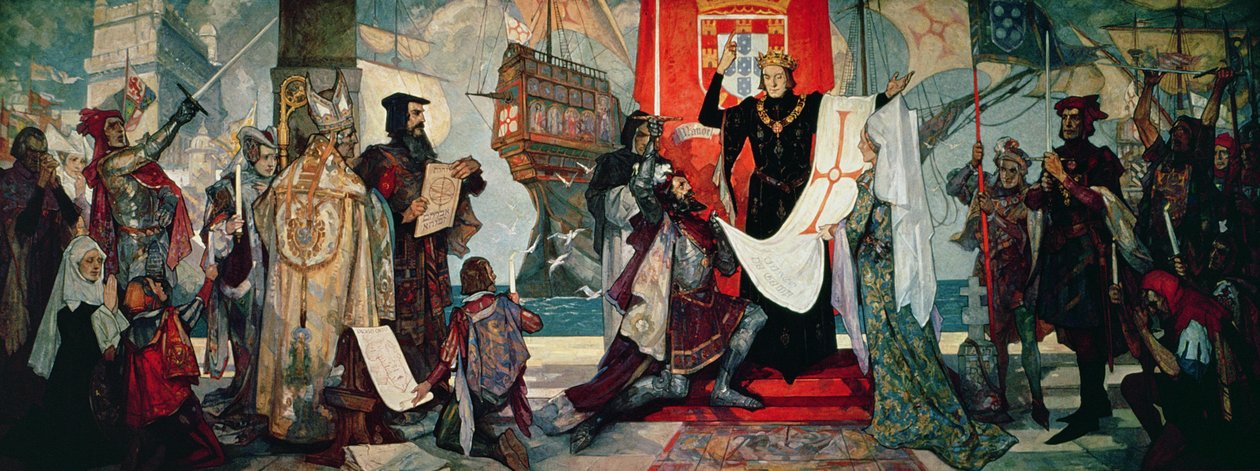 Partida para el Cabo, el Rey Manuel I de Portugal bendiciendo a Vasco da Gama y su expedición, c.1935 de Unbekannt Unbekannt