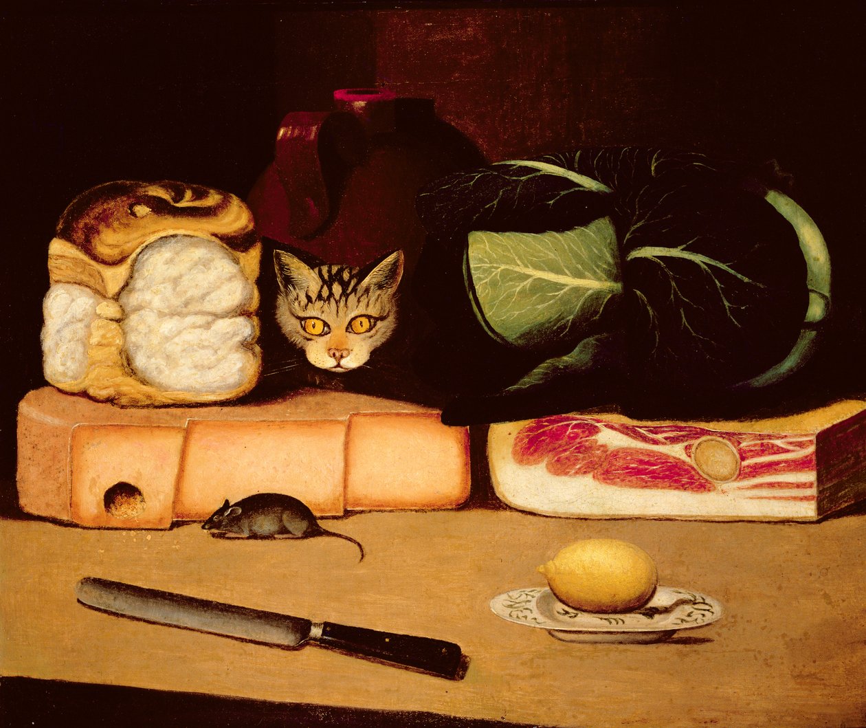 Naturaleza muerta con gato y ratón, Escuela Primitiva, 1820 de Unbekannt Unbekannt