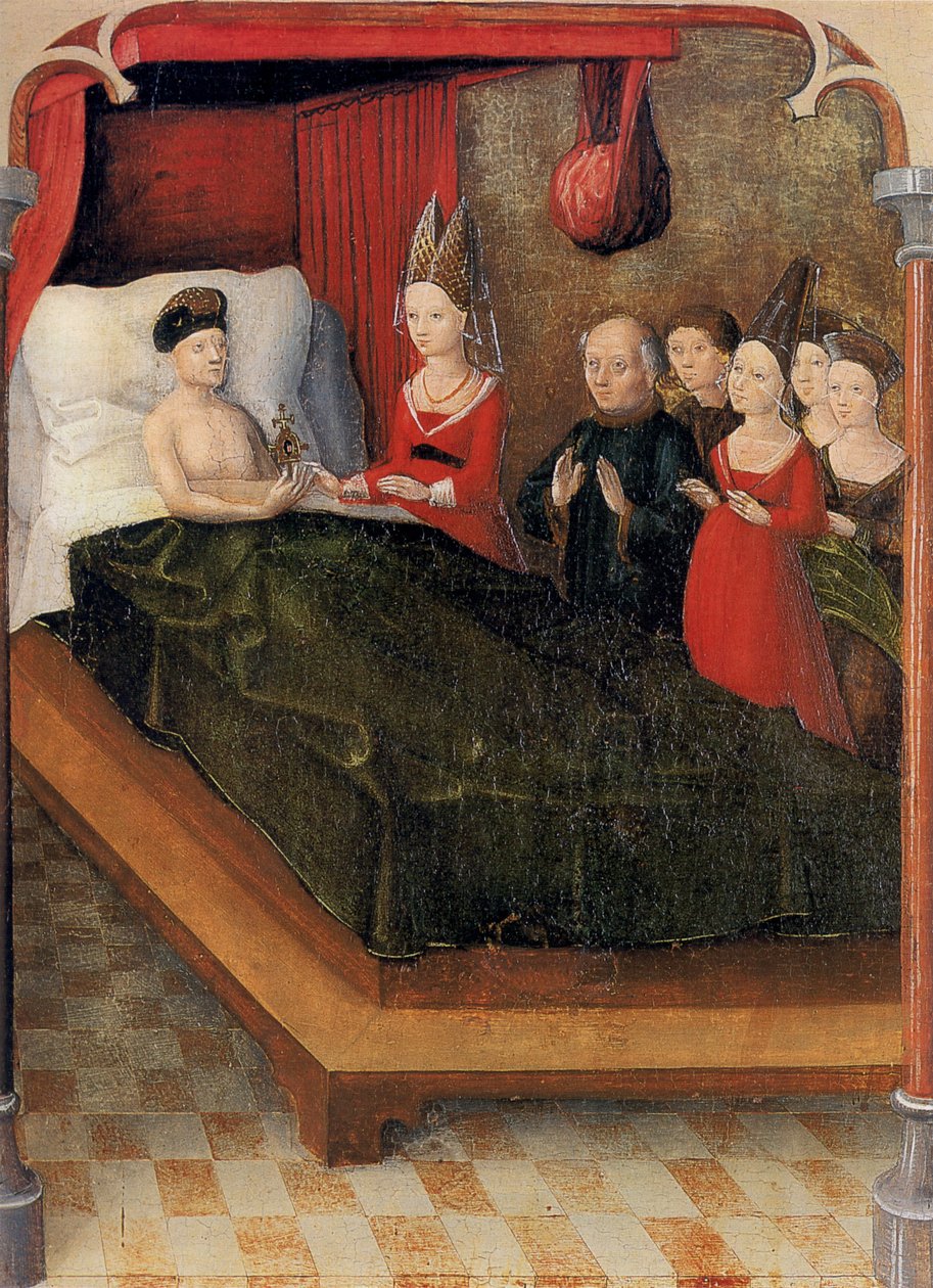 Weingartener Heilig-Blut-Tafel de 1489. Landesmuseum Württemberg, Stuttgart. Tafel 20: A su muerte, el conde Balduin lega la reliquia a su hija Judith de Unknown