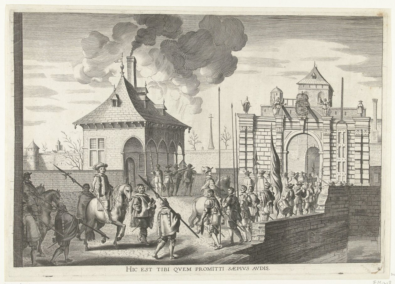 Aankomst bij de Brugse portt van Gent; intocht van Ferdinand te Gent en 1635 (n.º 4) Aquí está el que a menudo escuchas prometido (título en el objeto) La puerta de Brugens donde Ser. El cardenal entró en la ciudad de Anonymous