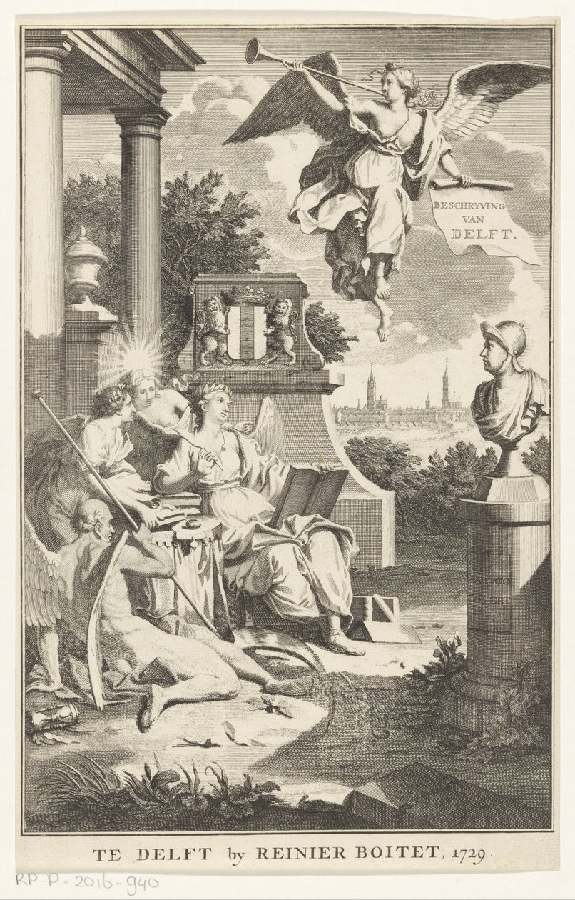 Alegoría de Delft Descripción de Delft (título del objeto) Página de título para: S.n., Beschryving der stadt Delft, 1729 de Anonymous