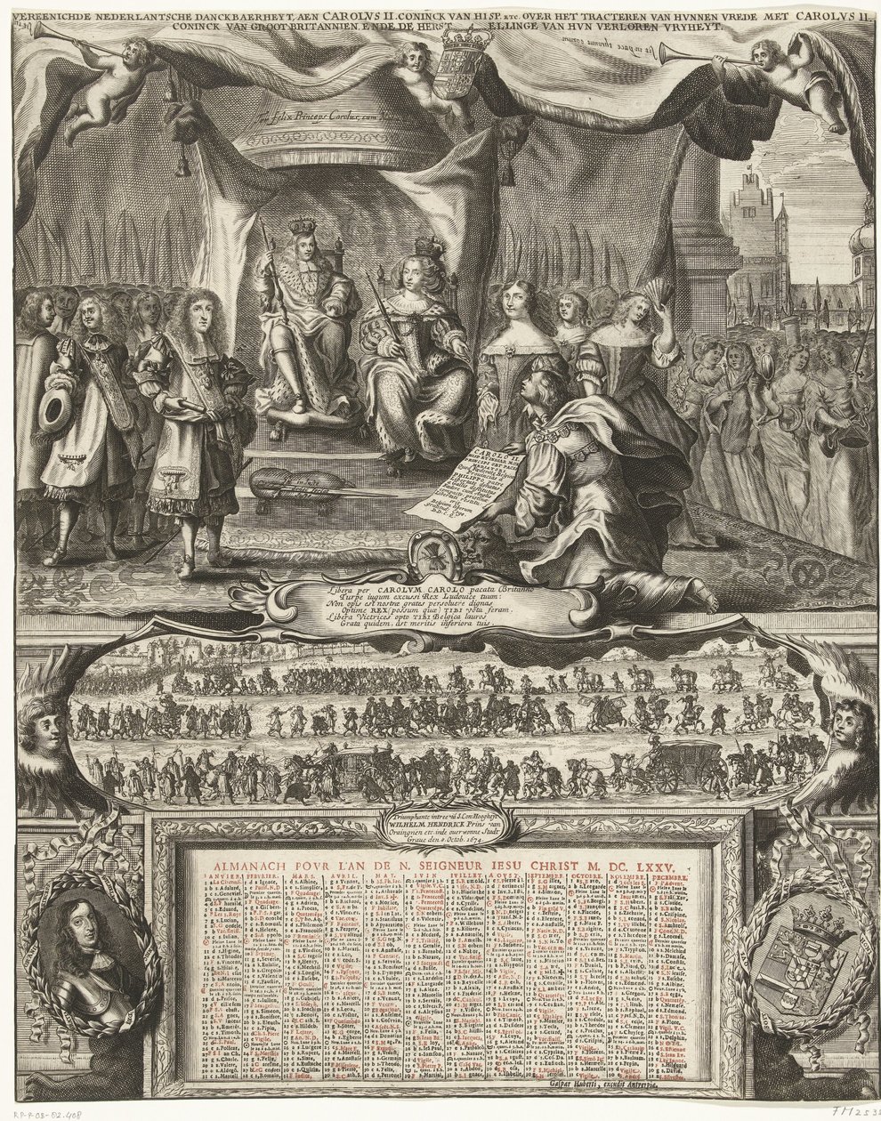 Alegoría de la paz con Inglaterra en 1674 y el almanaque del año 1675 Vereenichde Nederlantsche danckbaerheyt, aen Carolus II. Coninck van Hisp. etc. sobre la conclusión de su paz con Carlos II. Coninck de Gran Bretaña y la Restauración de Anonymous
