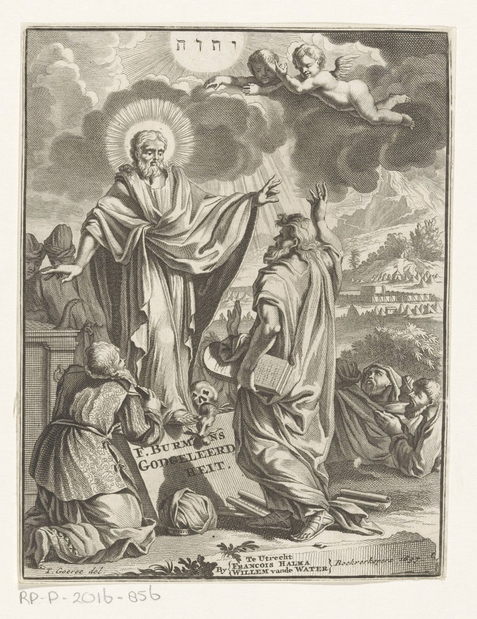 Representación alegórica con Cristo, Moisés y figura arrodillada Página de título para: Frans Burman, Teología, 1697 de Anonymous