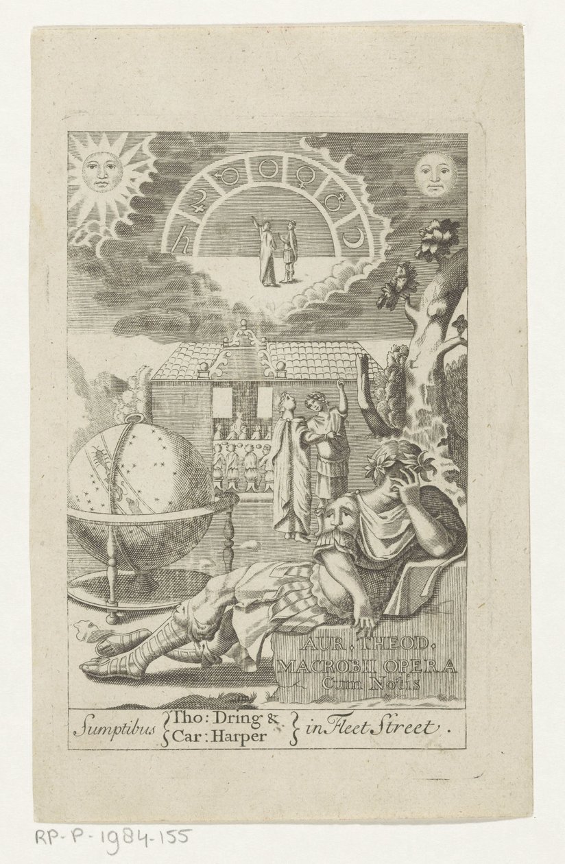 Ambrosius Theodosius Macrobius leunend op steen naast globo Oro Teod. Macrobius Opera Cum Notis (título sobre el objeto) Titelpage voor: Ambrosius Theodosius Macrobius, Aur. Teodosio Macrobio V. Cl. y obras ilustres, 1694 de Anonymous