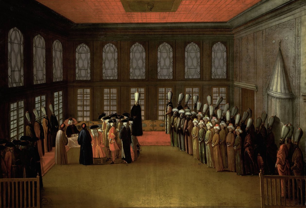 Audiencia de un embajador con el Gran Visir en su Yali en el Bósforo (Embajador Cornelis Calkoen, 12 de agosto de 1727) de Anonymous