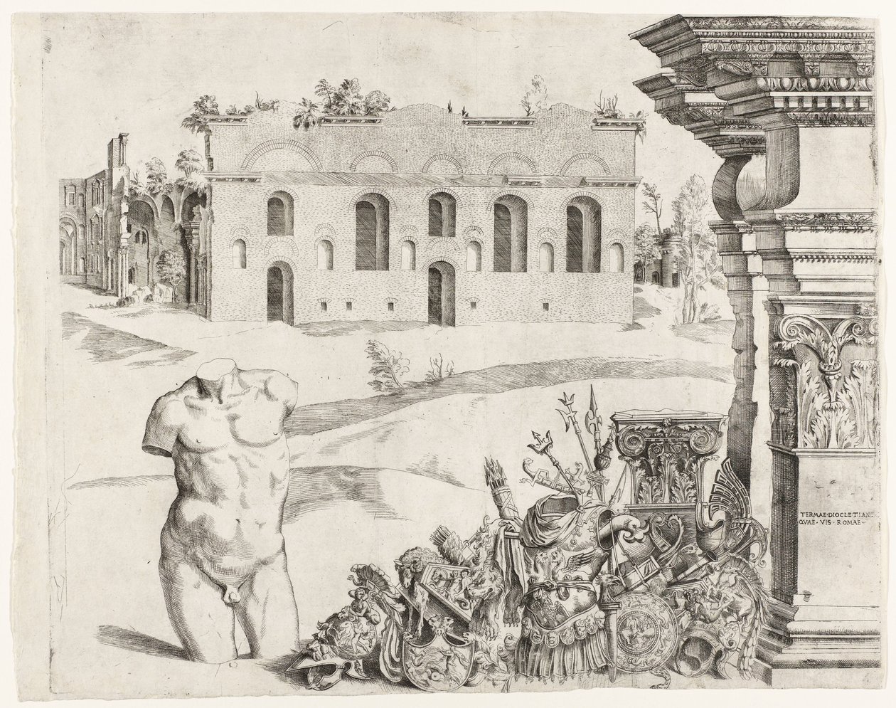 Arquitectura capriccio con spolia, un torso masculino y una vista de las Termas de Diocleciano de Anonymous