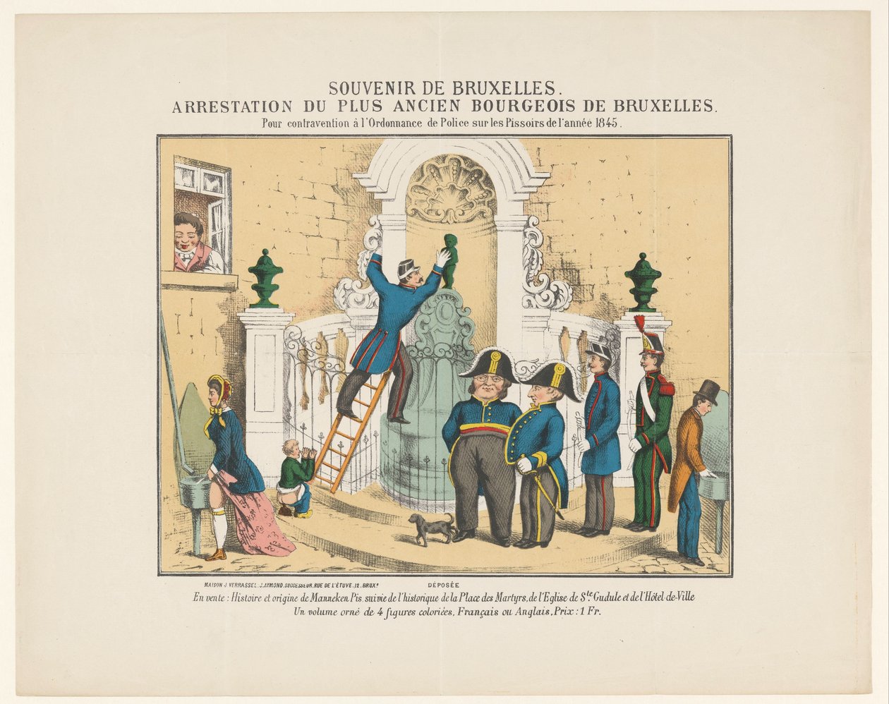 Arresto del Manneken Pis, 1845 Recuerdo de Bruselas. Arresto del burgués más viejo de Bruselas. Por violación de la Ordenanza de Policía sobre los Pissoirs del año 1845 (título sobre objeto) de Anonymous