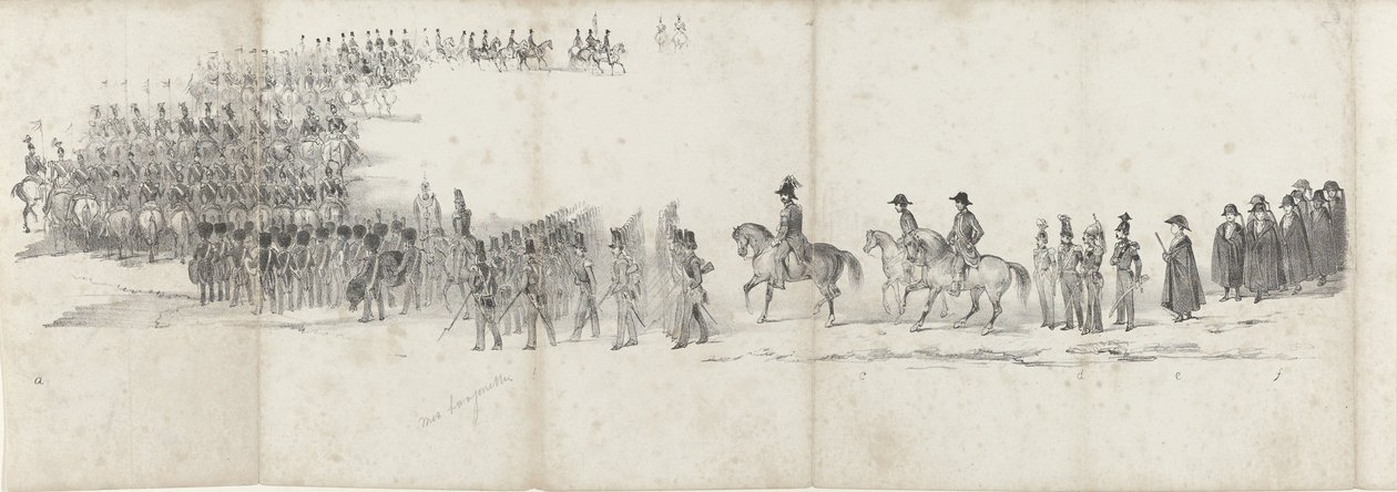 Funeral del difunto rey Guillermo II en Delft el 4 de abril de 1849 (página 1) Cinco hojas contiguas del cortejo fúnebre de Guillermo II en 1849 (título de la serie) de Anonymous