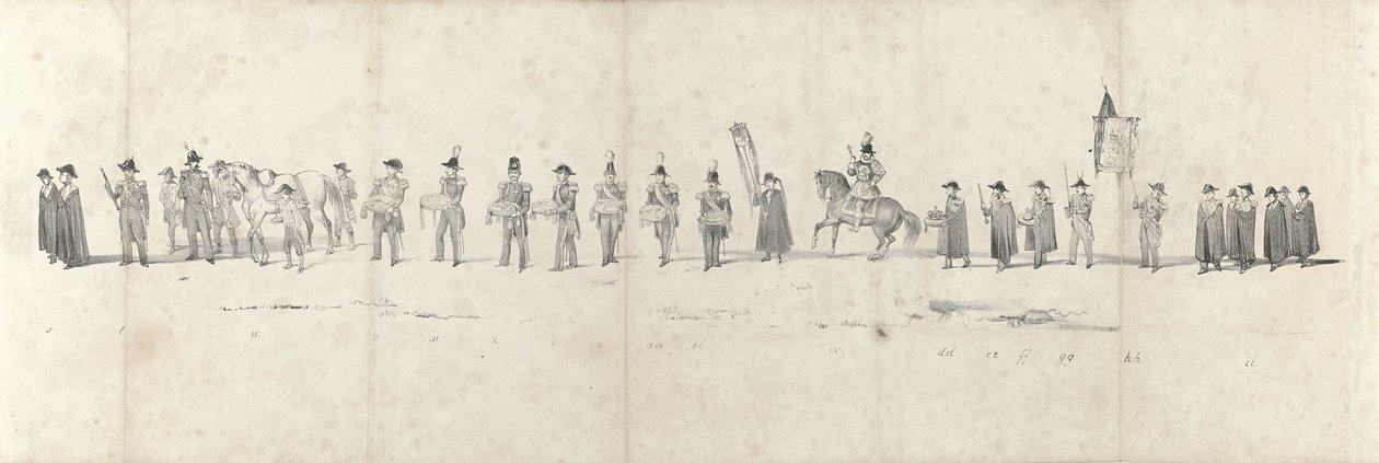 Funeral del difunto rey Guillermo II en Delft el 4 de abril de 1849 (página 3) Cinco hojas contiguas del cortejo fúnebre de Guillermo II en 1849 (título de la serie) de Anonymous