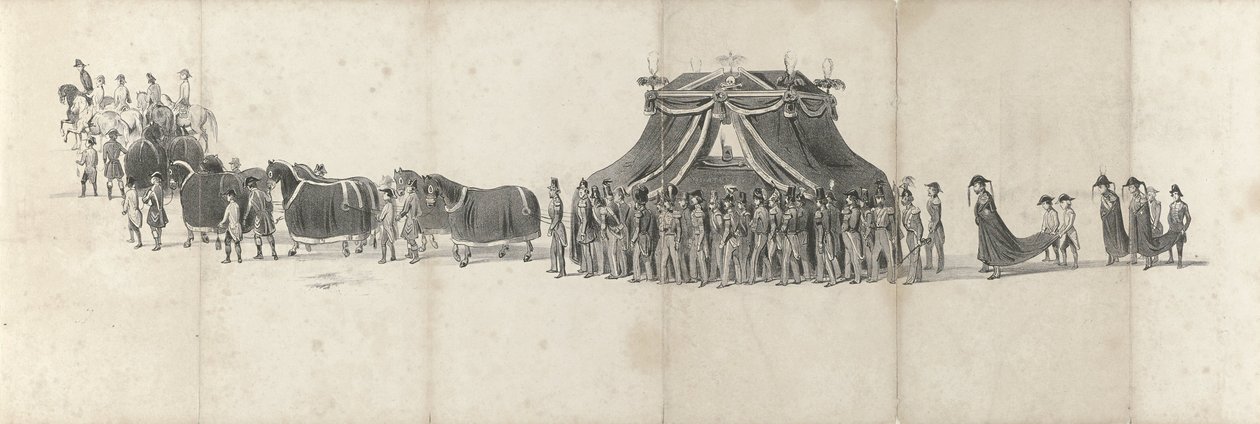 Funeral del difunto rey Guillermo II en Delft el 4 de abril de 1849 (página 4) Cinco hojas contiguas del cortejo fúnebre de Guillermo II en 1849 (título de la serie) de Anonymous