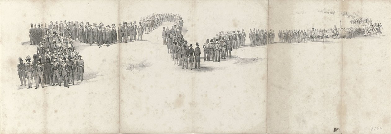 Funeral del difunto rey Guillermo II en Delft el 4 de abril de 1849 (página 5) Cinco hojas contiguas del cortejo fúnebre de Guillermo II en 1849 (título de la serie) de Anonymous