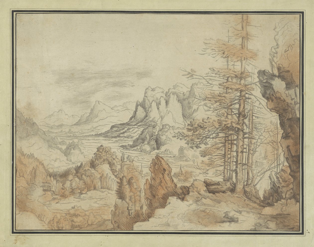 Paisaje de montaña con árboles y cara en un valle de Anonymous