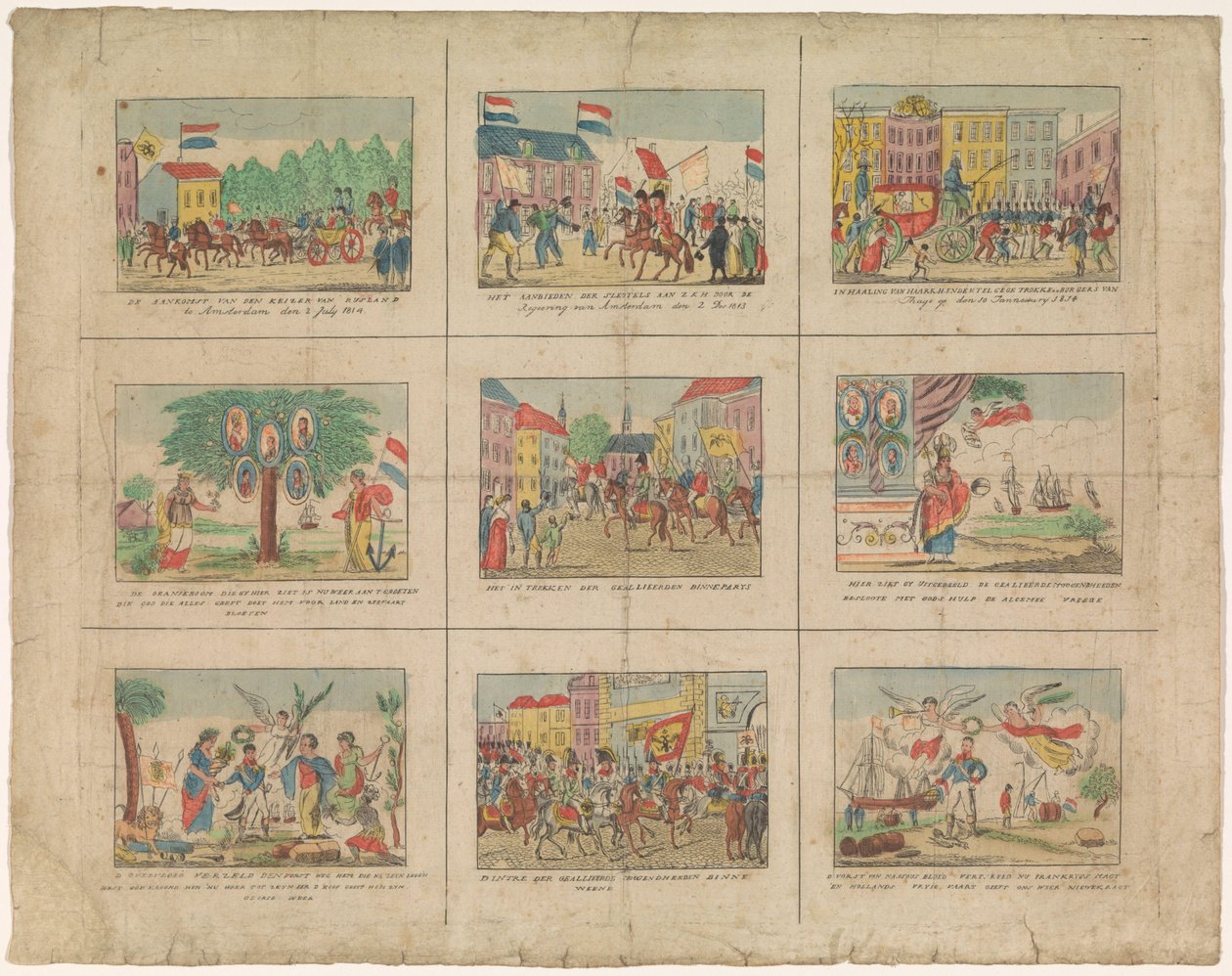Hoja con 9 representaciones de acontecimientos históricos de los años 1813-1814 (título en el objeto) de Anonymous
