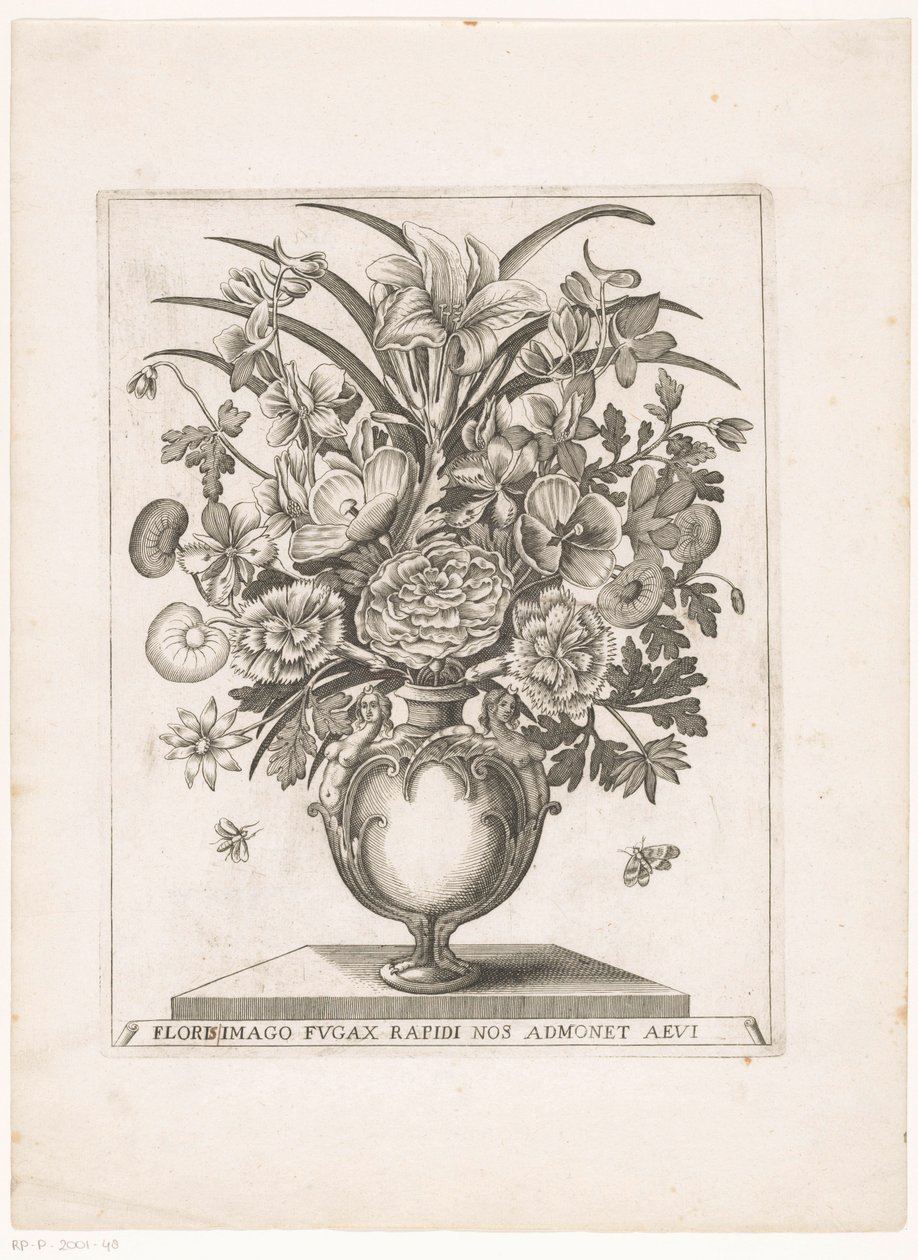 Bloemen en vaas met halffiguren LA IMAGEN DE LA(S) FLOR(ES) PARPADEAR(S) RÁPIDAMENTE NOS RECUERDA LA EDAD (título sobre objeto) de Anonymous