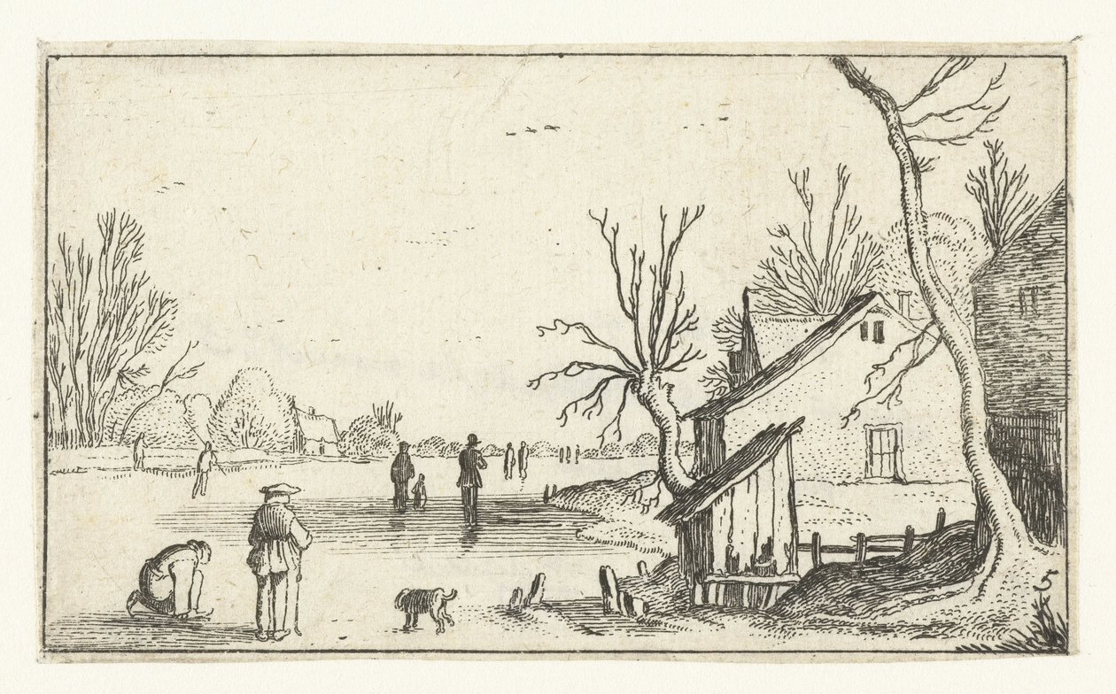 Granja por río congelado con patinadores en el hielo Pequeños paisajes (copias) (título de la serie) de Anonymous