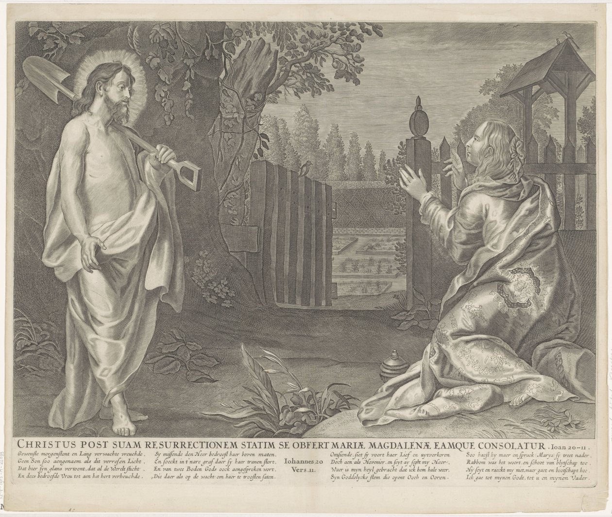 Christus verchicht als tuinman aan María Magdalena (No me toques) Cristo inmediatamente después de su resurrección se ofrece a María Magdalena y la consuela (título sobre el objeto) Royal Bijbel (título de la serie) de Anonymous