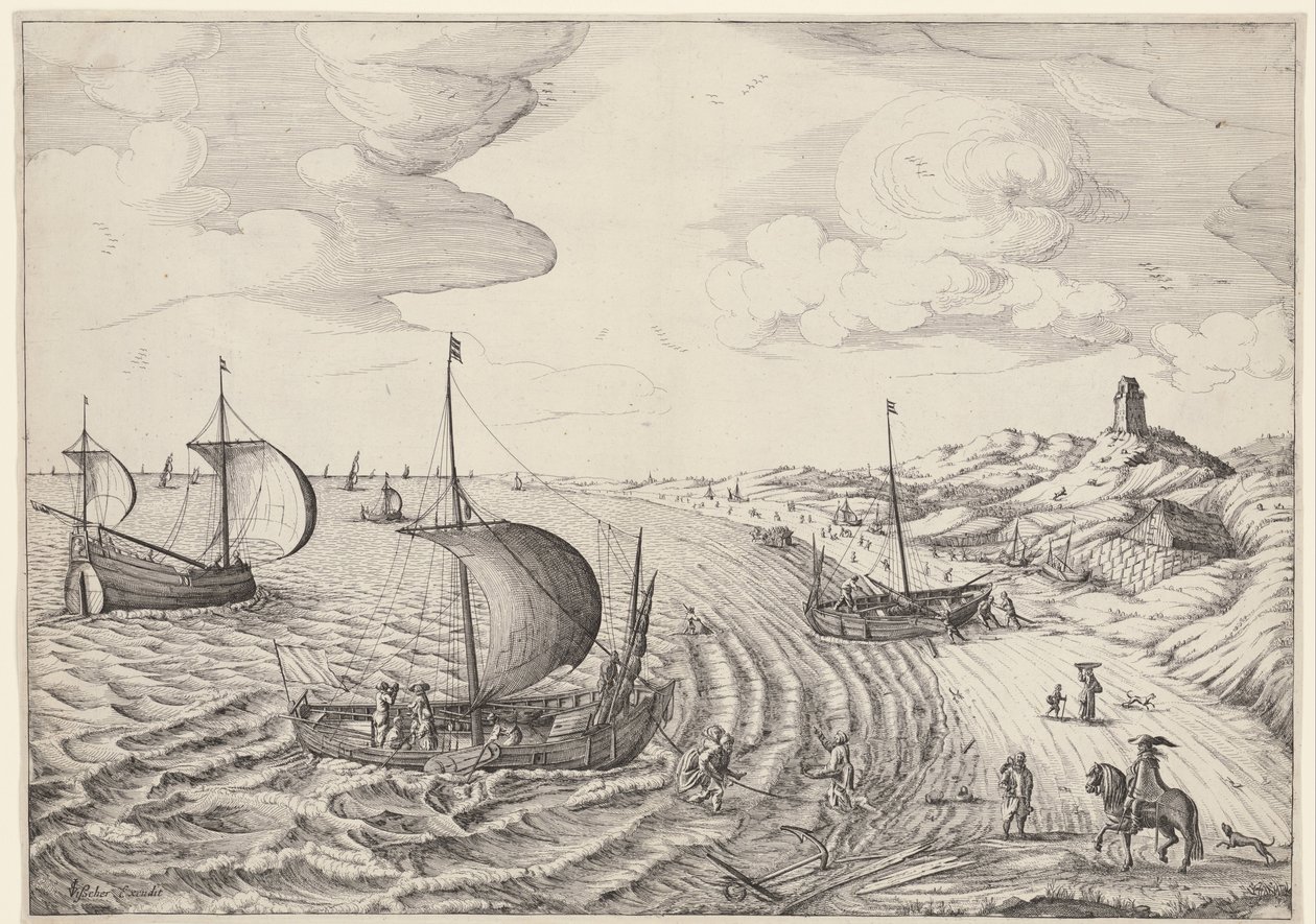 Paisaje costero con barcos de pesca de Anonymous
