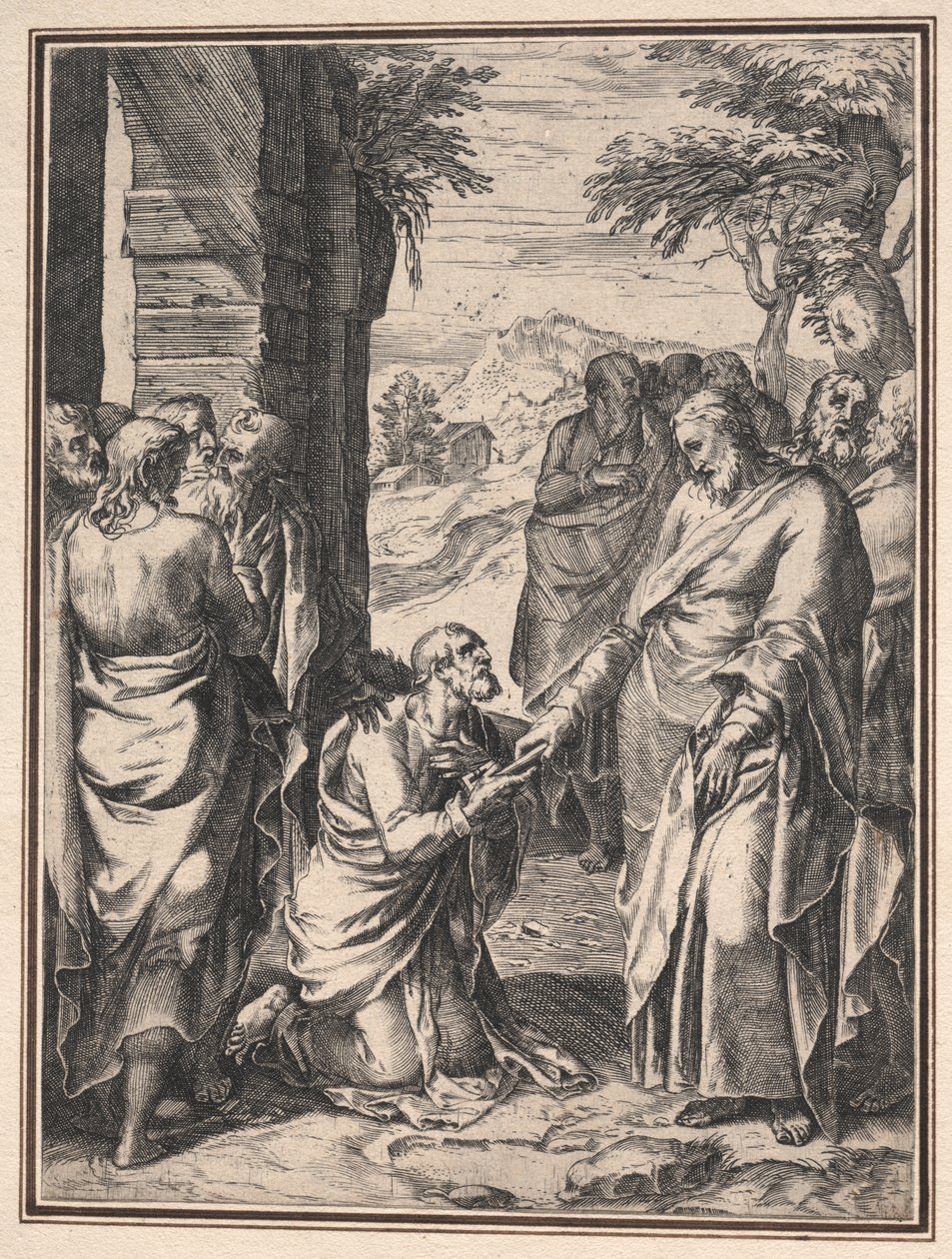Copia de Cornelis Cort: Cristo entregando la llave de la Iglesia a San Pedro de Anonymous