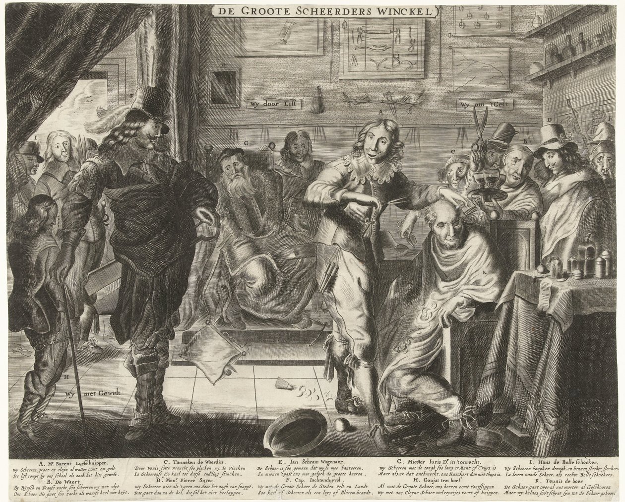 El campesino en la gran peluquería, hacia 1650 De Groote Scheerders Winckel (título sobre el objeto) de Anonymous