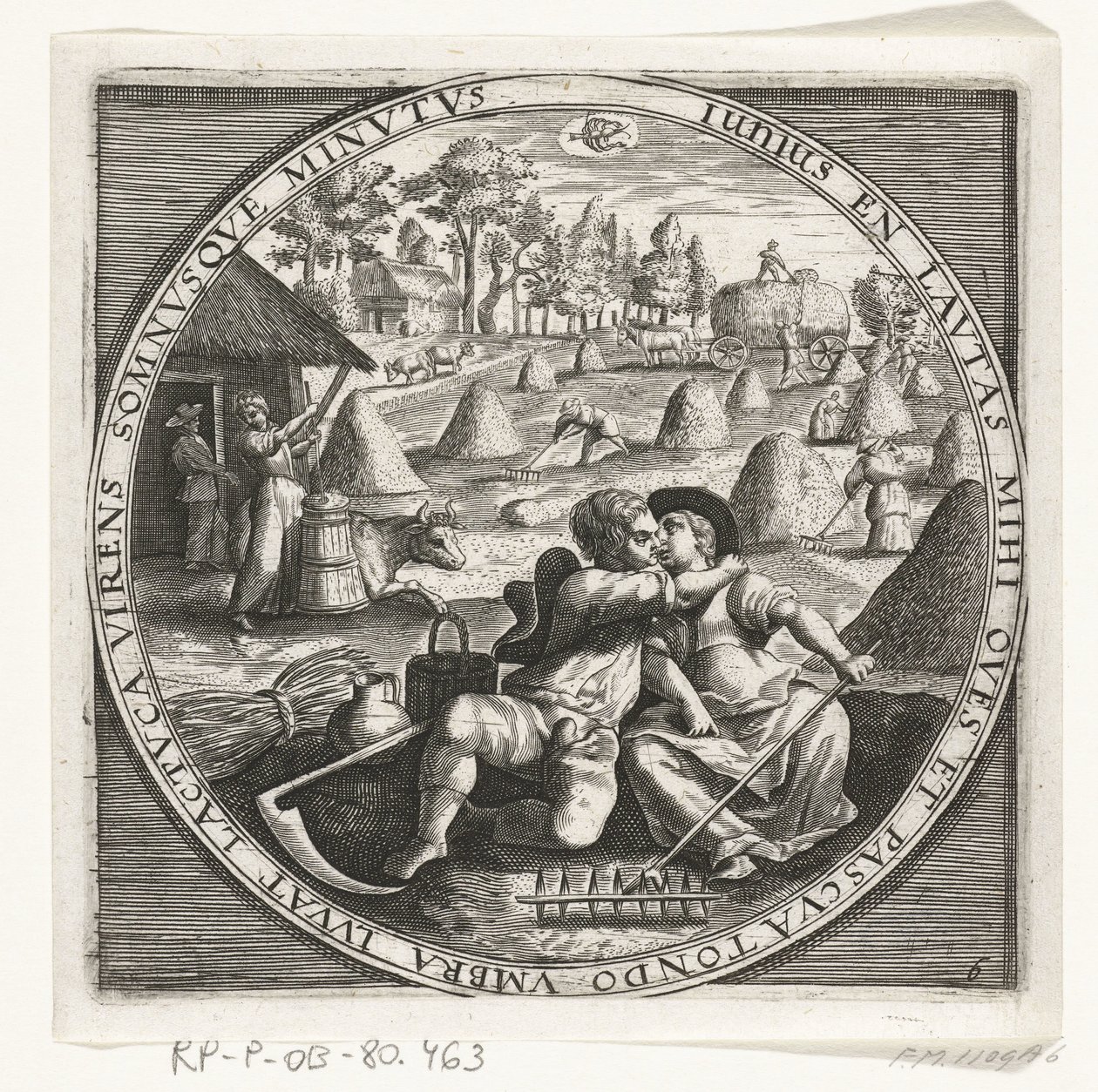 De maand juni, hooimaken, ca. 1600 De twaalf maanden van het jaar verbeeld in scènes uit het volksleven (título de la serie) Esquemas de los 12 meses con sus operaciones y su aplicación a los signos del zodíaco, divididos en cuatro partes del año (título d de Anonymous