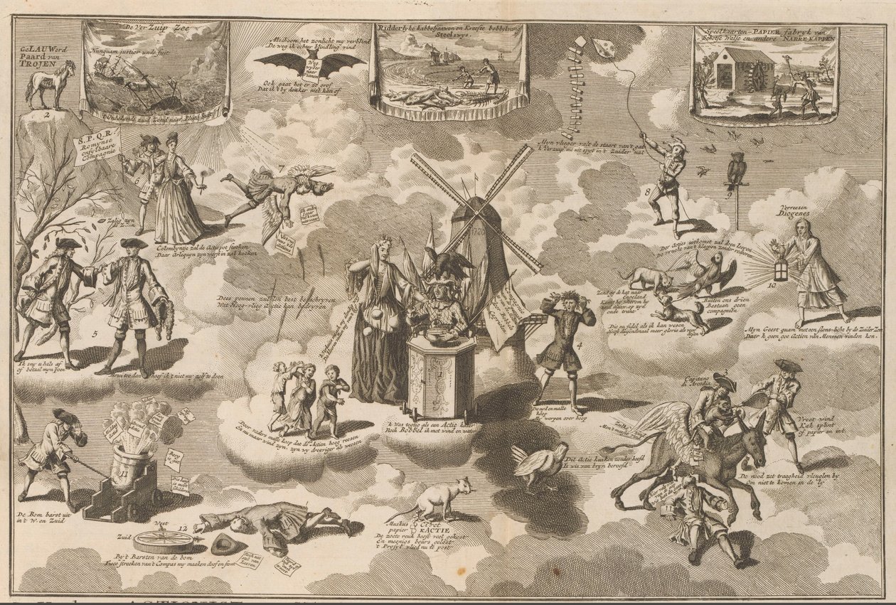 El accionista derrotado en la silla que suena, 1720 El Accionista Derrotado en la Silla con Rinkels, persuadido por el Caballo de Troya de Lauwerd (título sobre el objeto) La gran escena de la locura (título de la serie) de Anonymous