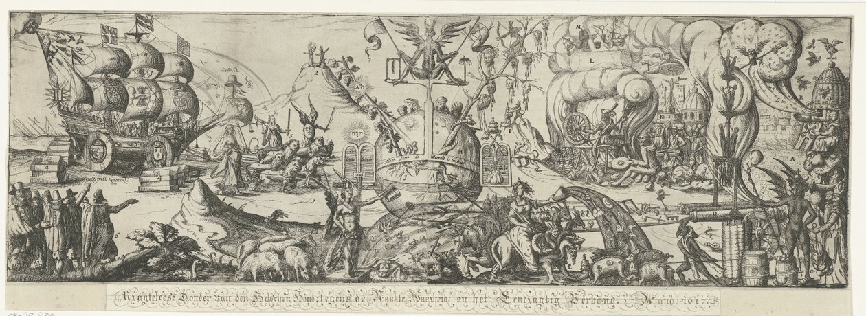 El mundo está dividido en la República pacífica por un lado, y el caos y la violencia infligidos a la Iglesia de Roma por el otro. Perro Donder van den Helschen impotente contra la verdad desnuda y el pacto Eendragtig, 1617 (título sobre el objeto) de Anonymous