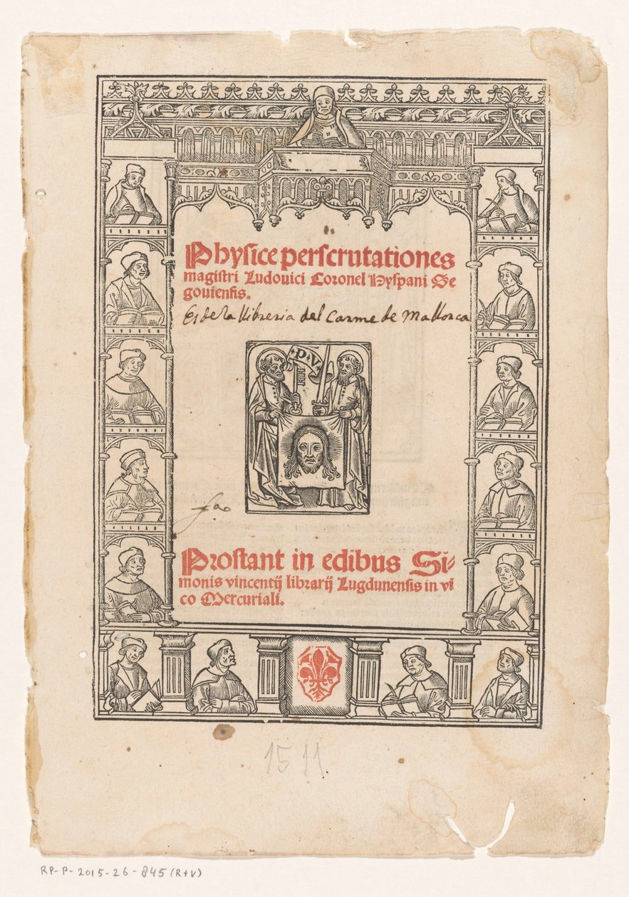 Marco decorativo con quince eruditos Portada para: Luis Coronel, Physice perscrutationes, 1511 de Anonymous