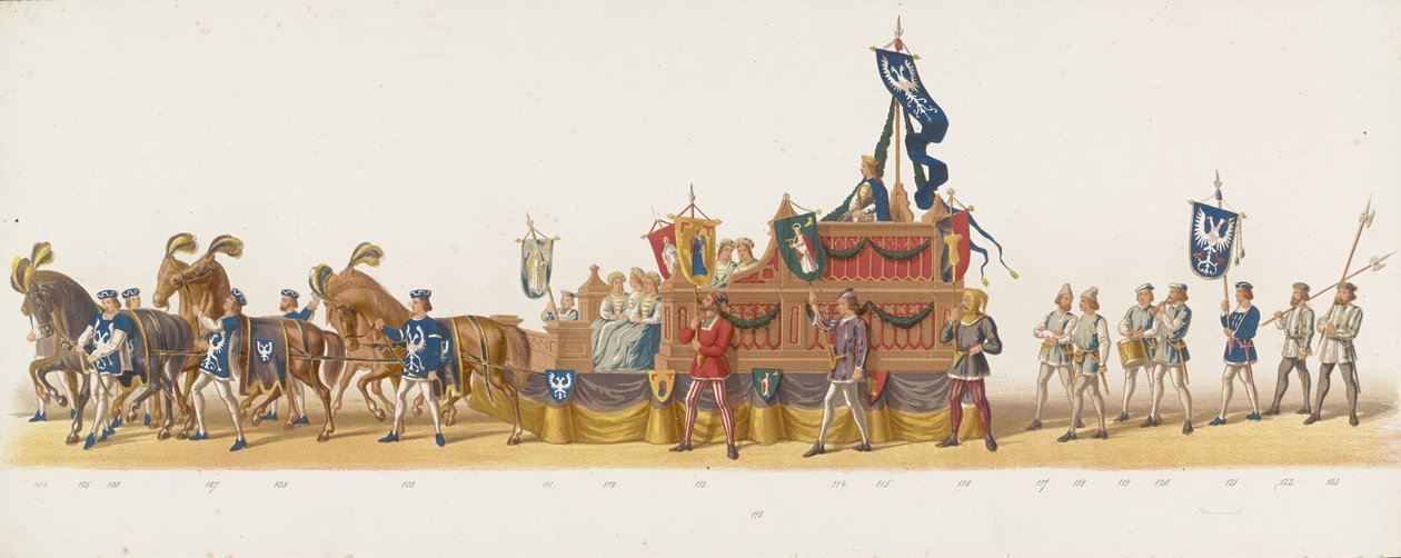 Procesión de Delft de 1873 (octava placa) Procesión disfrazada realizada por los miembros del Cuerpo de Estudiantes de Delft el 8 de julio de 1873, que representa la entrada de Karel van Egmond, duque de Gelre, conde de Zutphen, en Arnhem en 1492 (serie de Anonymous