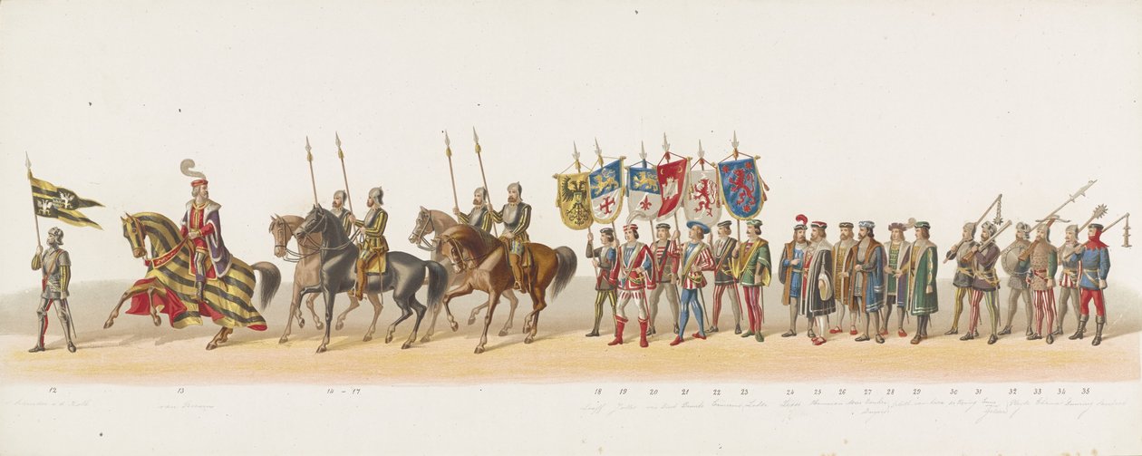 Procesión de Delft de 1873 (segundo plato) Procesión disfrazada realizada por los miembros del Cuerpo de Estudiantes de Delft el 8 de julio de 1873, que representa la entrada de Karel van Egmond, duque de Gelre, conde de Zutphen, en Arnhem en 1492 (serie t de Anonymous