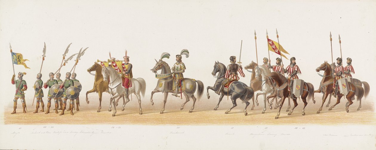 Procesión de Delft de 1873 (cuarto plato) Procesión disfrazada realizada por los miembros del Cuerpo de Estudiantes de Delft el 8 de julio de 1873, que representa la entrada de Karel van Egmond, duque de Gelre, conde de Zutphen, en Arnhem en 1492 (serie t de Anonymous