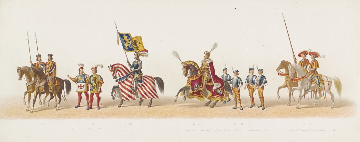Procesión de Delft de 1873 (quinto plato) Procesión disfrazada realizada por los miembros del Cuerpo de Estudiantes de Delft el 8 de julio de 1873, que representa la entrada de Karel van Egmond, duque de Gelre, conde de Zutphen, en Arnhem en 1492 (serie t de Anonymous