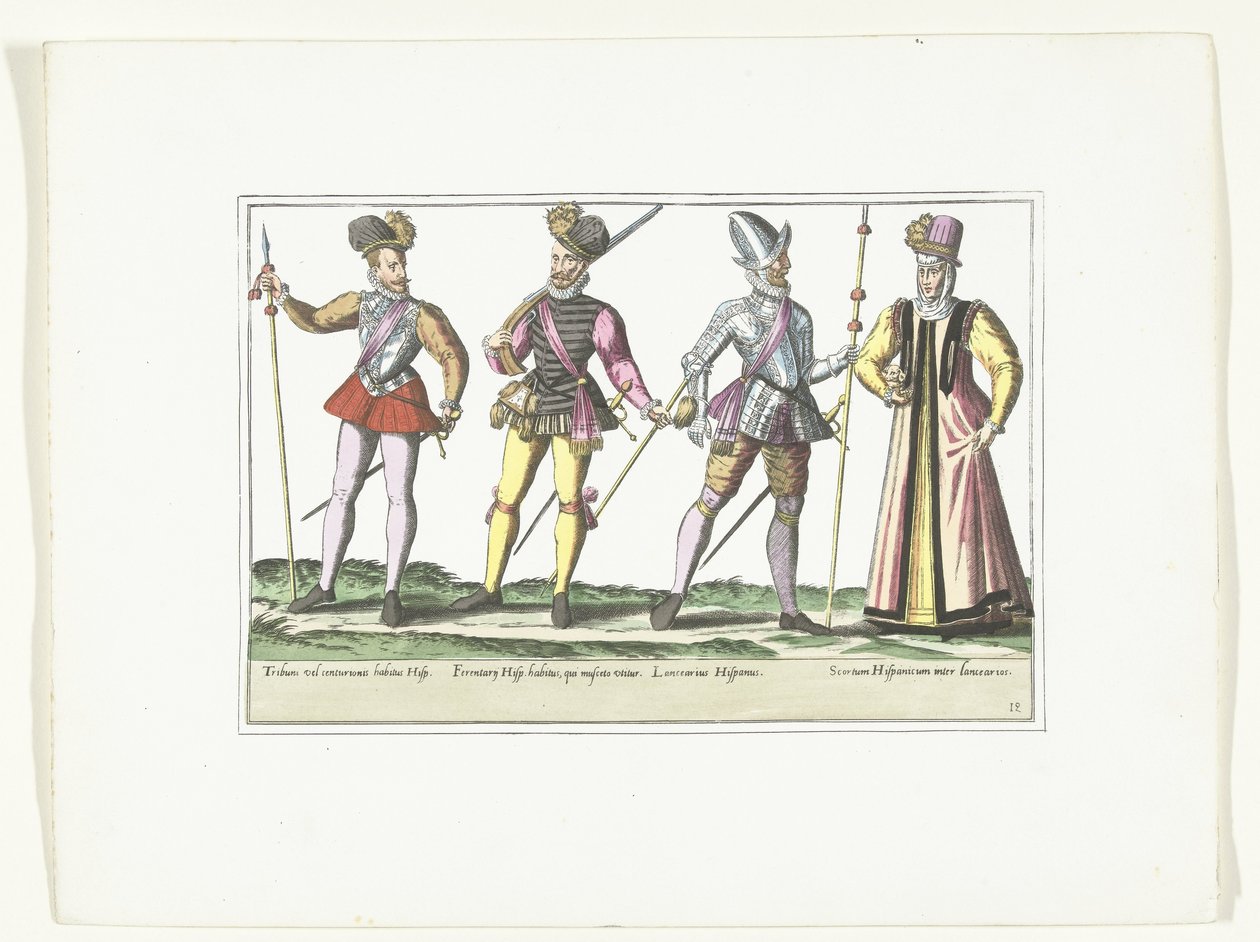 Tres soldados españoles uniformados y un comerciante, hacia 1580 Trajes militares españoles (título sobre objeto) de Anonymous