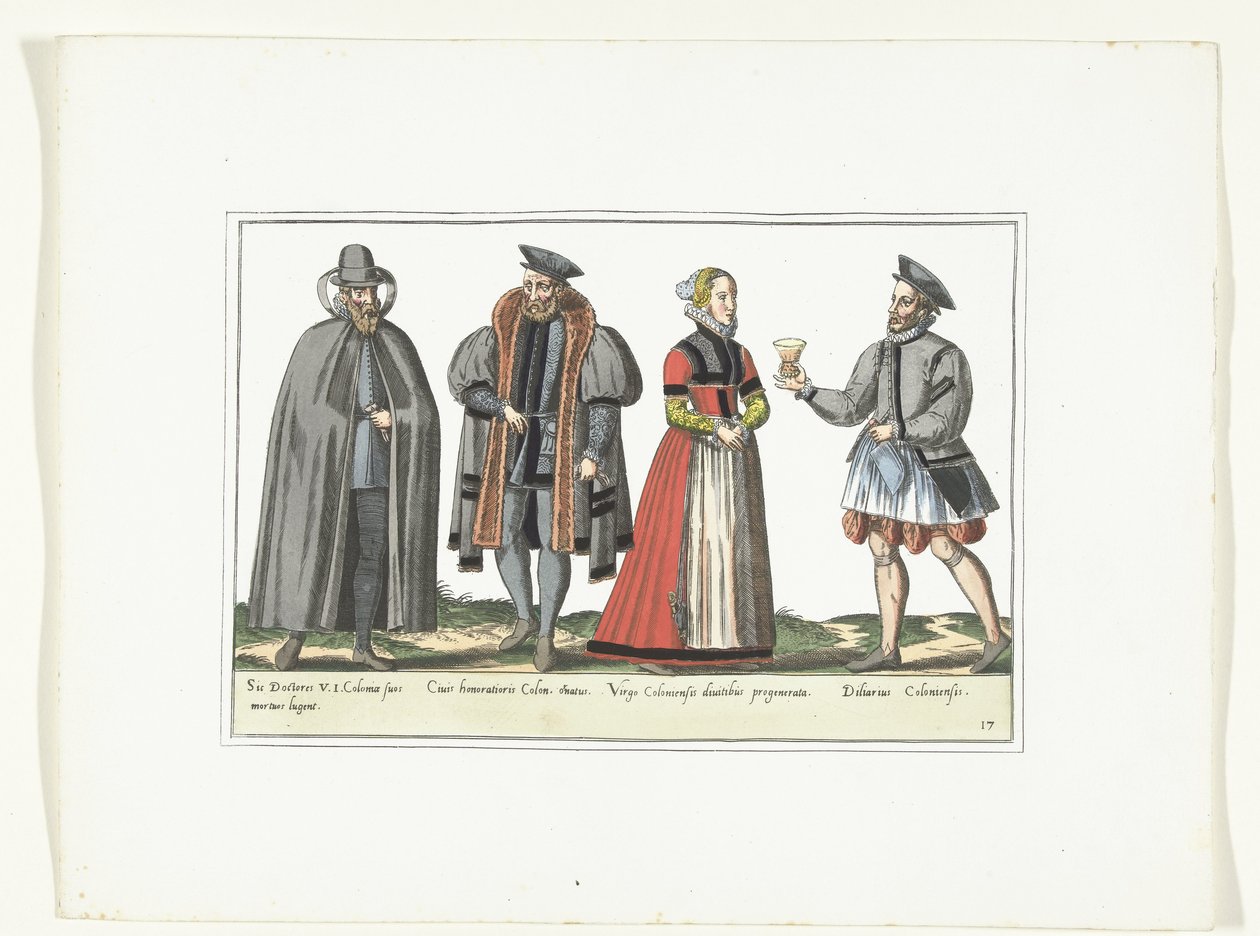 Tres hombres y una mujer vestidos a la moda alemana, hacia 1580 Vestuario Allemands (título sobre objeto) de Anonymous