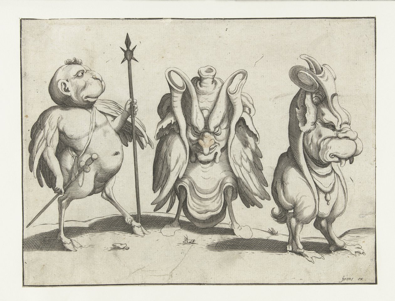 tres monstruos Figuras grotescas rodeadas por una línea de encuadre (título de la serie) de Anonymous